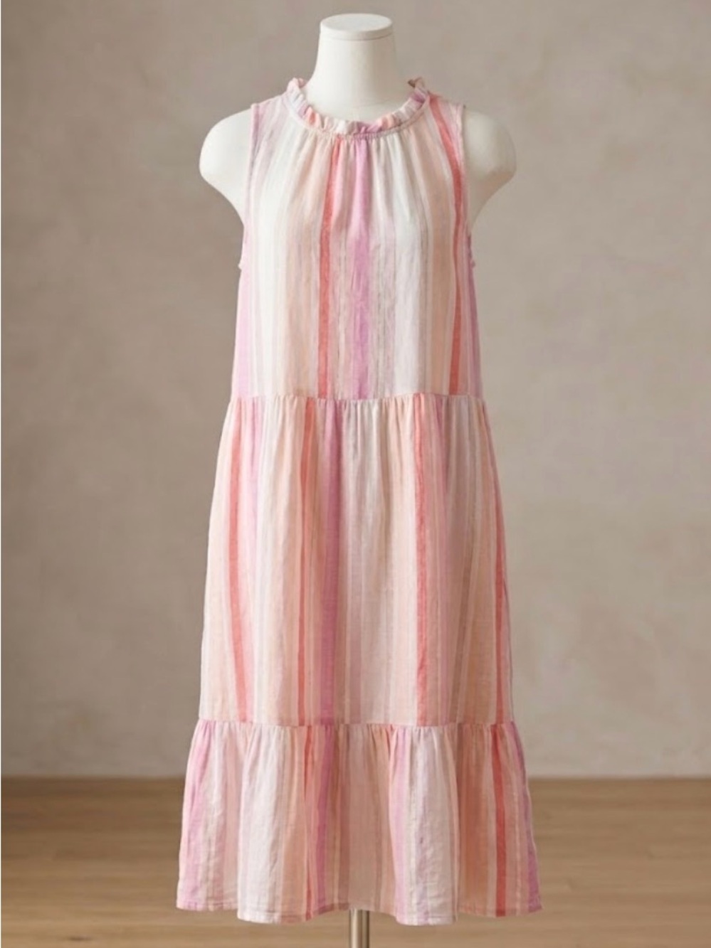 beachlunchlounge Pink Striped Ruffle Neck Tiered Sundress